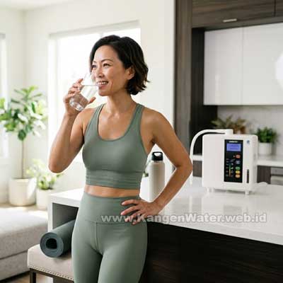 Seseorang minum Enagic Kangen Water untuk menjaga hidrasi dan gaya hidup sehat